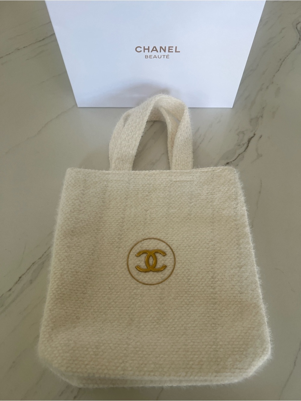 CHANEL Cream Tweed Mini Tote with Gold CC Emblem